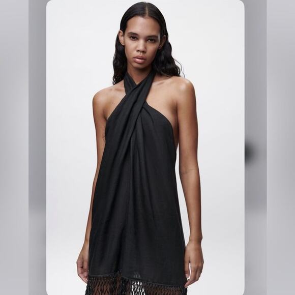 Zara Black LINEN DRESS WITH FRINGE Size Large - Picture 9 of 16